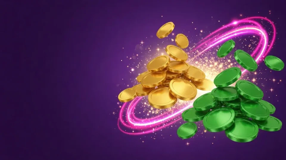Two separate streams of gold and green coins