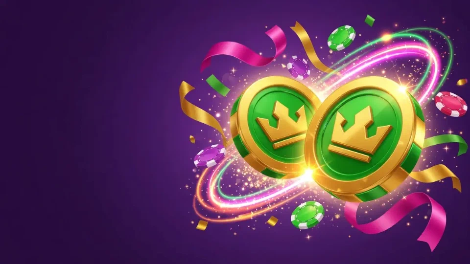 Crowned gold and green coins on a dark violet field